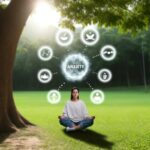 This is the featured image for "Coping Strategies for Managing Anxiety," showcasing a tranquil outdoor setting with a person meditating, surrounded by symbols of various coping techniques.