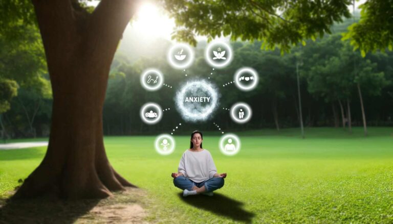 This is the featured image for "Coping Strategies for Managing Anxiety," showcasing a tranquil outdoor setting with a person meditating, surrounded by symbols of various coping techniques.