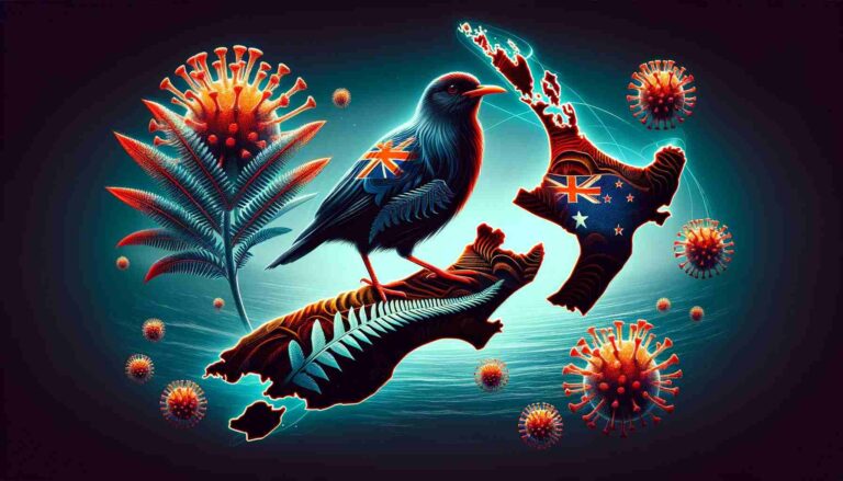 Featured image for a news article on H5N1 bird flu in New Zealand, showcasing a map of New Zealand with overlay of virus particles, kiwi bird, and silver ferns, symbolizing the urgent viral threat.