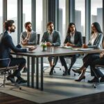 Here is the featured image for the article "How to Deal with Difficult Coworkers". The scene depicts a professional, modern office setting with a diverse group of coworkers engaged in a calm discussion.