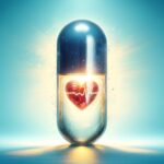 Transparent fish oil capsule with a cracked heart symbol inside, against a gradient blue background, symbolizing potential heart risks.