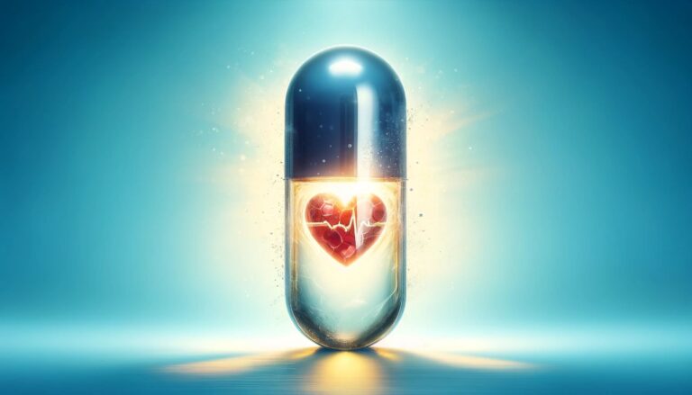 Transparent fish oil capsule with a cracked heart symbol inside, against a gradient blue background, symbolizing potential heart risks.