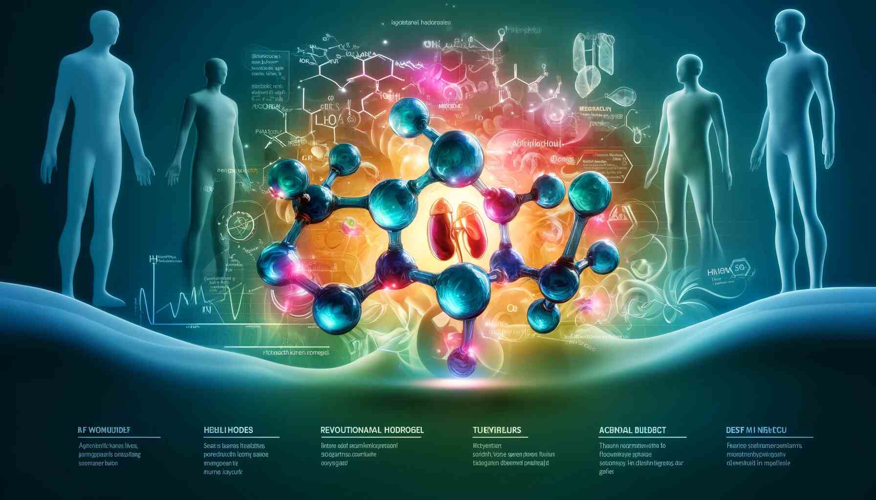 Illustration of a hydrogel molecule designed to reduce alcohol toxicity, with vibrant colors depicting molecular interactions and stylized human organs like the liver and kidneys benefiting from the gel.