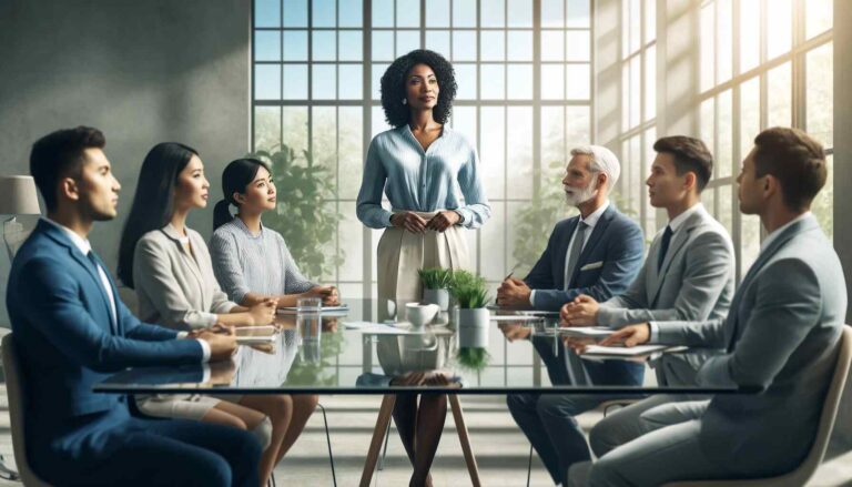 Professional diverse group in a meeting, including a middle-aged African American woman leading a discussion with a young Asian man, a Hispanic woman, and a Caucasian elderly man at a modern office conference table.