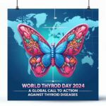 Banner for World Thyroid Day 2024 featuring a butterfly-shaped thyroid gland in the center, with a global map in the background and text emphasizing the global call to action against thyroid diseases.