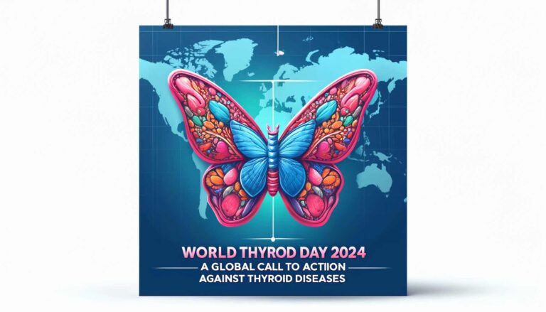 Banner for World Thyroid Day 2024 featuring a butterfly-shaped thyroid gland in the center, with a global map in the background and text emphasizing the global call to action against thyroid diseases.